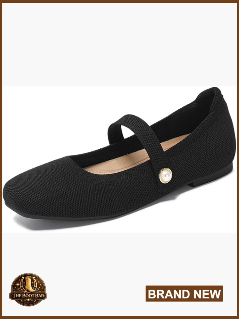 Square Toe Knit Ballet Flats with Pearl Strap - Pull On